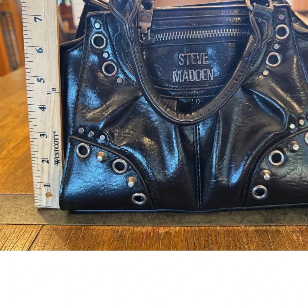 Steve Madden Bmiley Black Distressed Grommet Studded Crossbody Satchel Bag